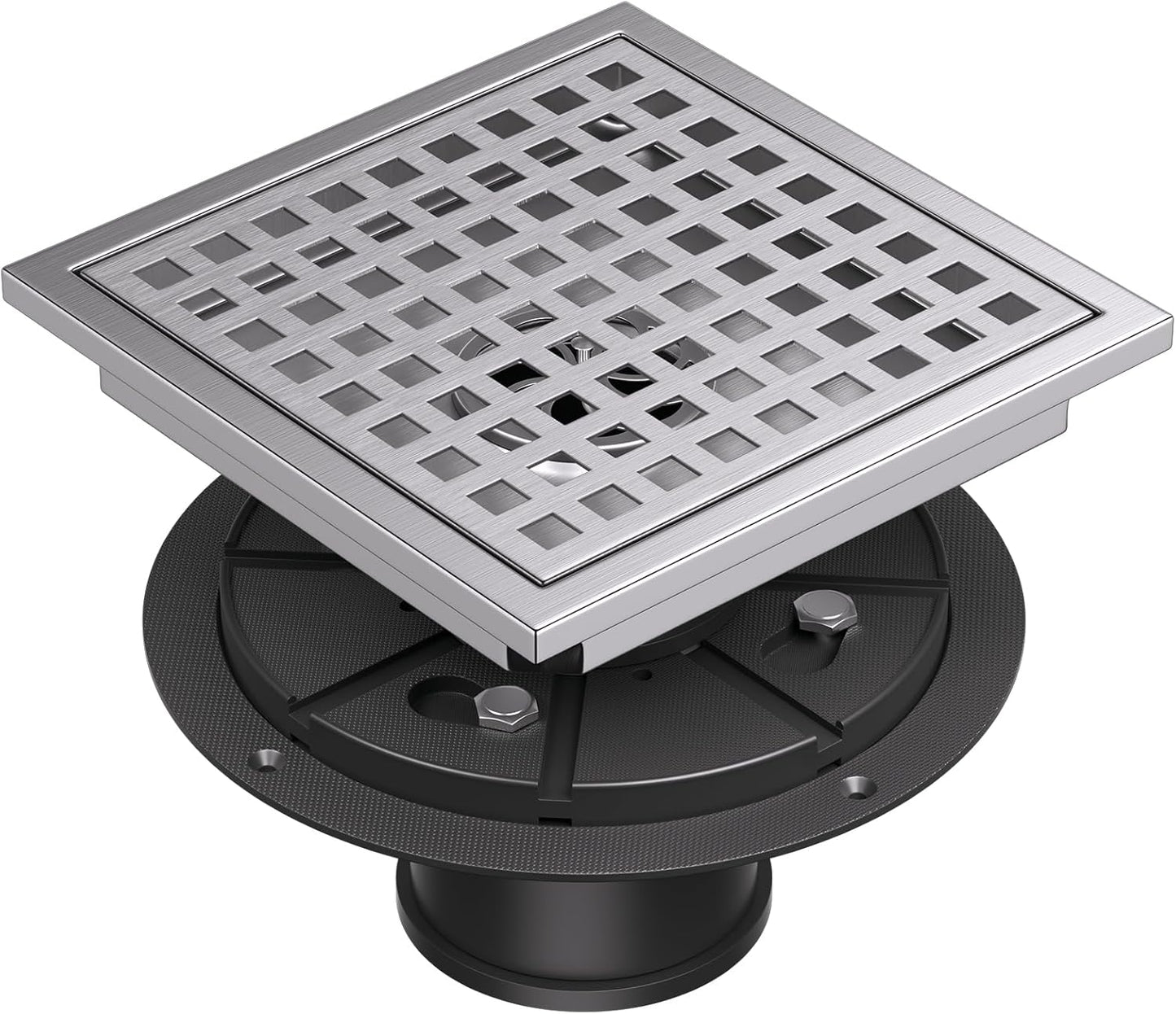 Square Shower Floor Drain with Flange, 6 Inch Brushed Nickel Shower Drain Hair Catcher, SUS304 Stainless Steel Floor Drain Strainer, Shower Drain Cover