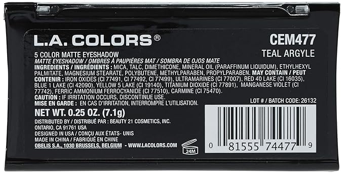 L.A. COLORS 5 Color Matte Eyeshadow Palette, Teal Argyle CEM477