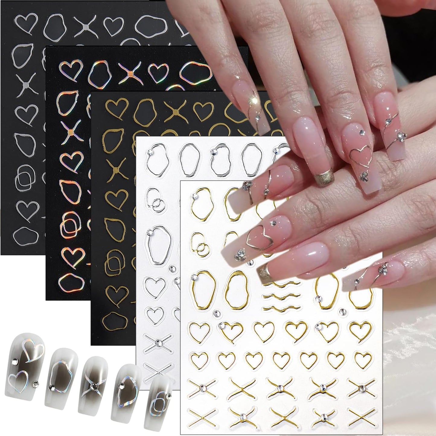 Simple French Nails Art Stickers Heart Lines Nail Decals 3D Self Adhesive Hollow Geometric Frame Nail Stickers with Diamond Design Stripe Nail Supplies Bronzing French Decoration for Women 5Pcs