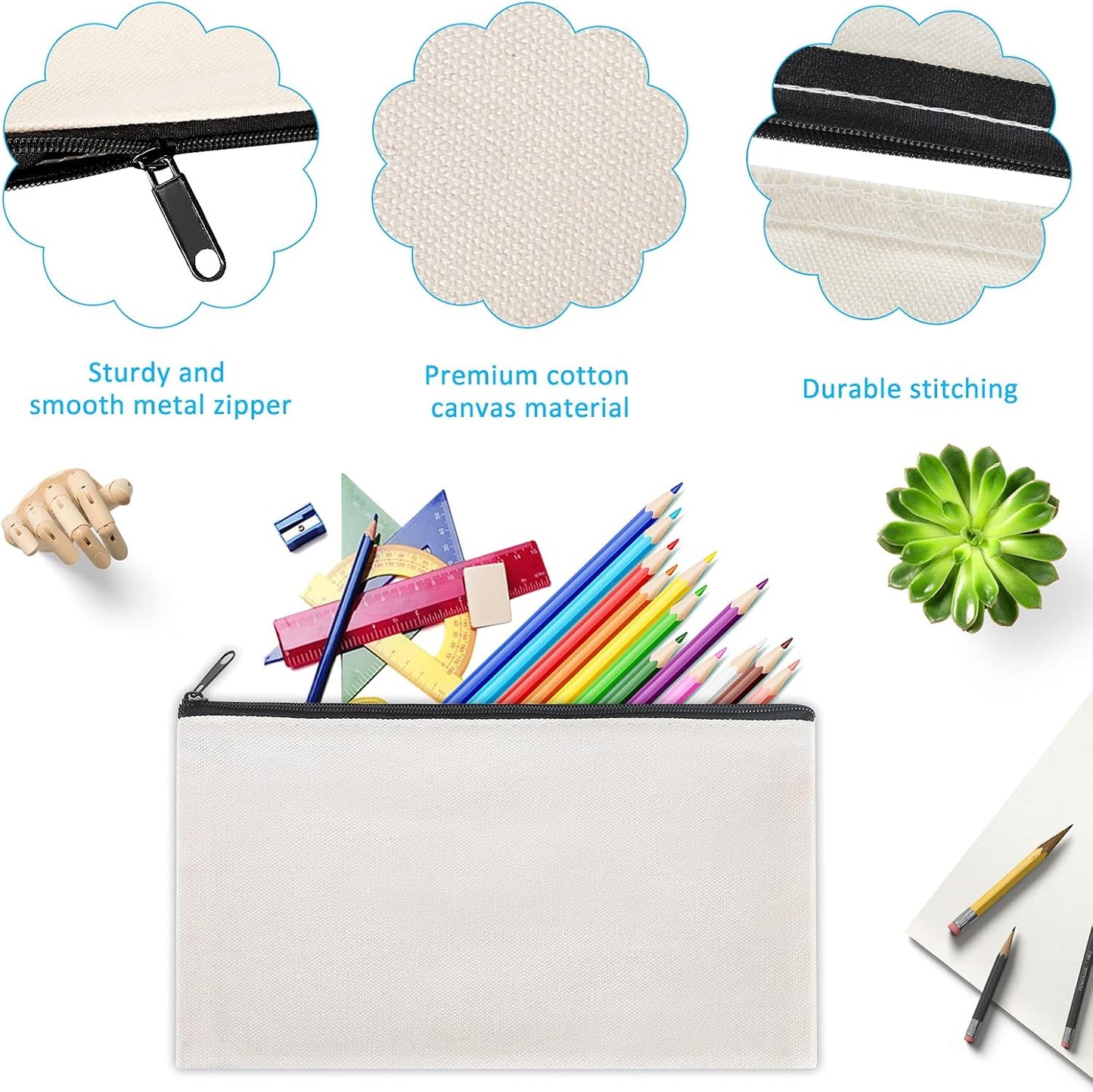 12 Pieces Black Cotton Canvas Makeup Bag, Multipurpose Cosmetic Bag with Zipper Travel Toiletry Pouch, Blank DIY Craft Bag (Black, L)