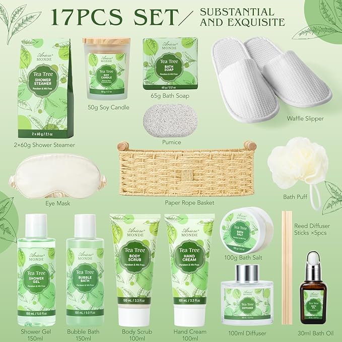 Spa Gift Basket - Tea Tree Bath Set With Shower Gel, Bubble Bath, Hand Cream, Soap, Salt, Essential Oil - Luxury Body Gift Kit for Women
