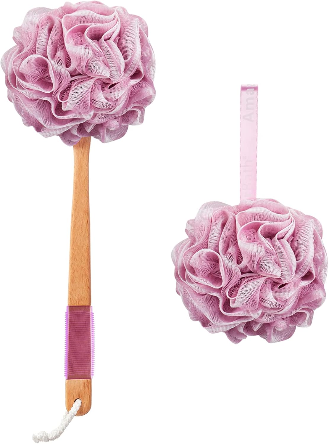 AmazerBath Shower Sponge Loofah Back Scrubber, PE Soft Mesh Loofah Body Scrubber with Long Wooden Handle, Bath Sponge for Men Women (Pink)