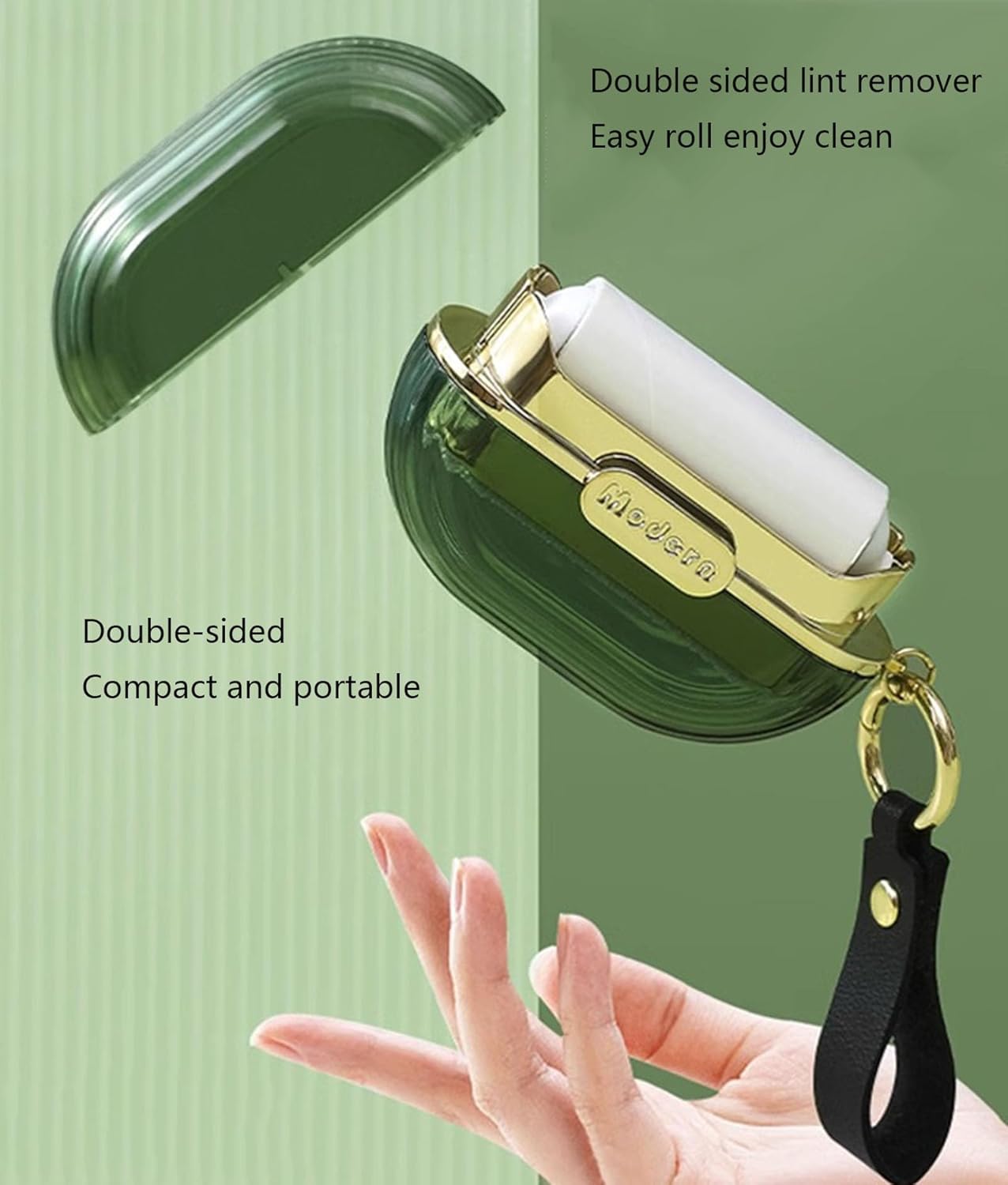 Handy Double-Sided Travel Lint Roller with Hand Strap, 7-Fill Luxury Clothing Bag Dust Fluff Adhesive Reusable Mini Extra Adhesive Dog Cat Pet Adhesive, Small Pocket Reusable Lint (Green)