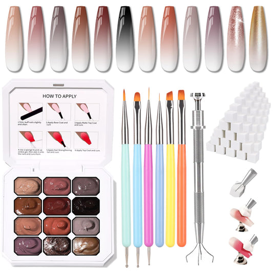 Sponge Pat Paint Nail Gel, Ombre Nails Gradient Gel Nail Blush Blooming Aura Nails Drawing Stripper Floral Painting DIY Nail Art, No Wipe, UV/LED Curing (12 Colors J)