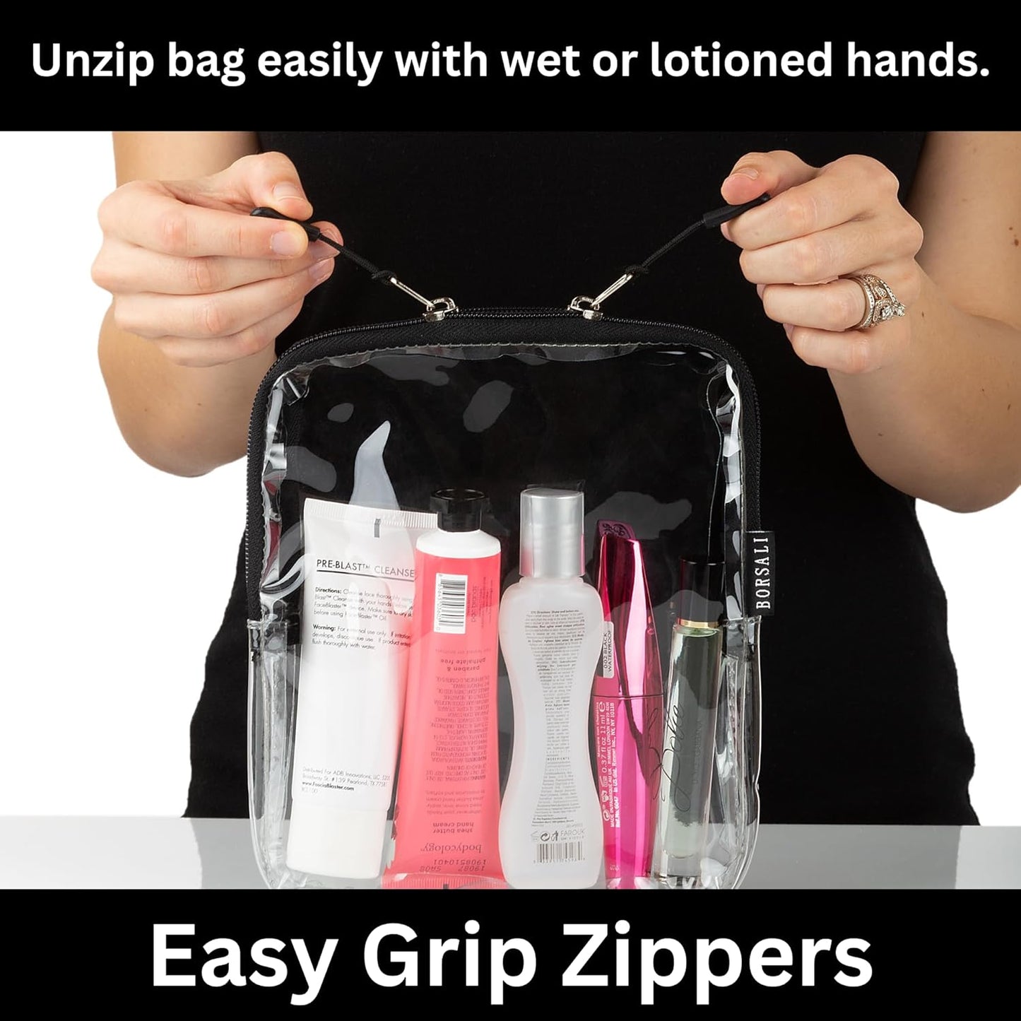 BORSALI TSA-Approved Quart-Sized Bag for Carry-on Travel - One (1) Quart Clear Toiletries, Cosmetic and 3-1-1 Liquids Toiletry Bag - Set of 3