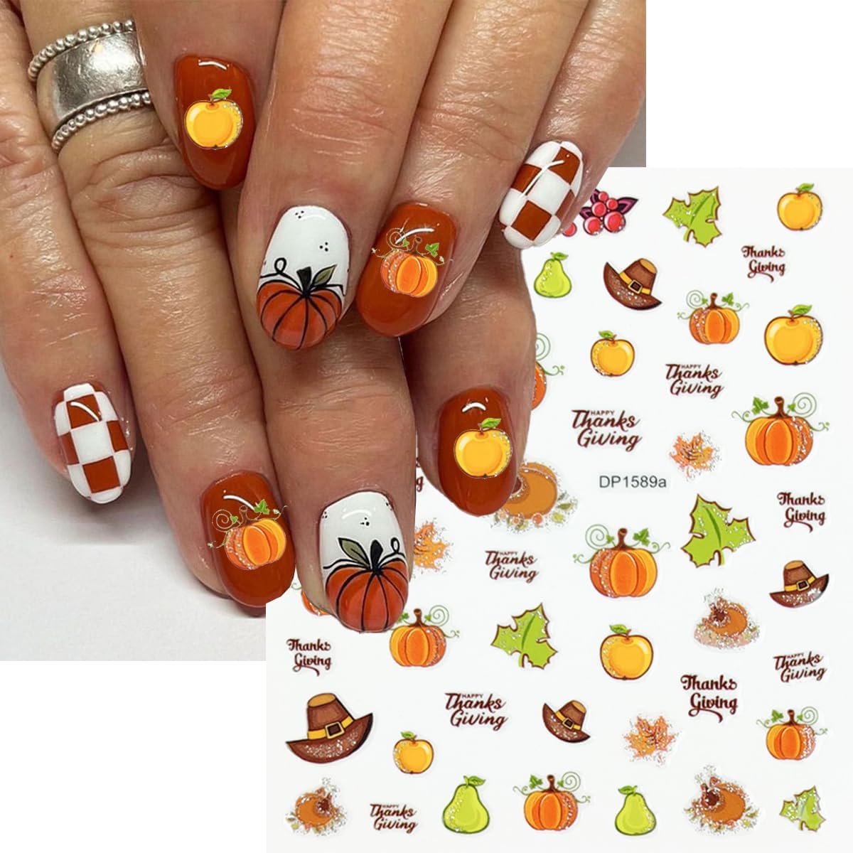 Autumn Nail Stickers Pumpkin Nail Art Stickers Fruit Nail Decals Fallen Leaves Maple Leaf Pear Grapes Hat Design Orange Thanksgiving Sticker for Nails DIY Manicure Decoration for Women 6 Sheet