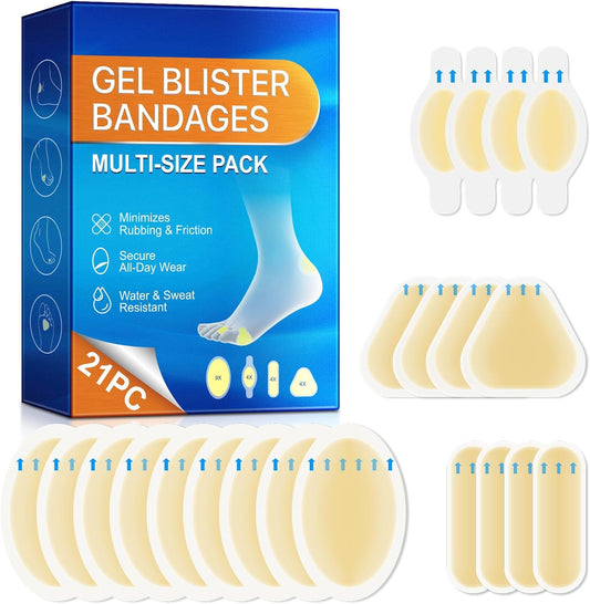 Hydrocolloid Gel Blister Bandages -21ct Waterproof Adhesive Blisters Bandages - Blister Pads for Heel, Foot, Toe, Feet - Gel Blister Chshions for Prevention & Recovery, Variety Pack