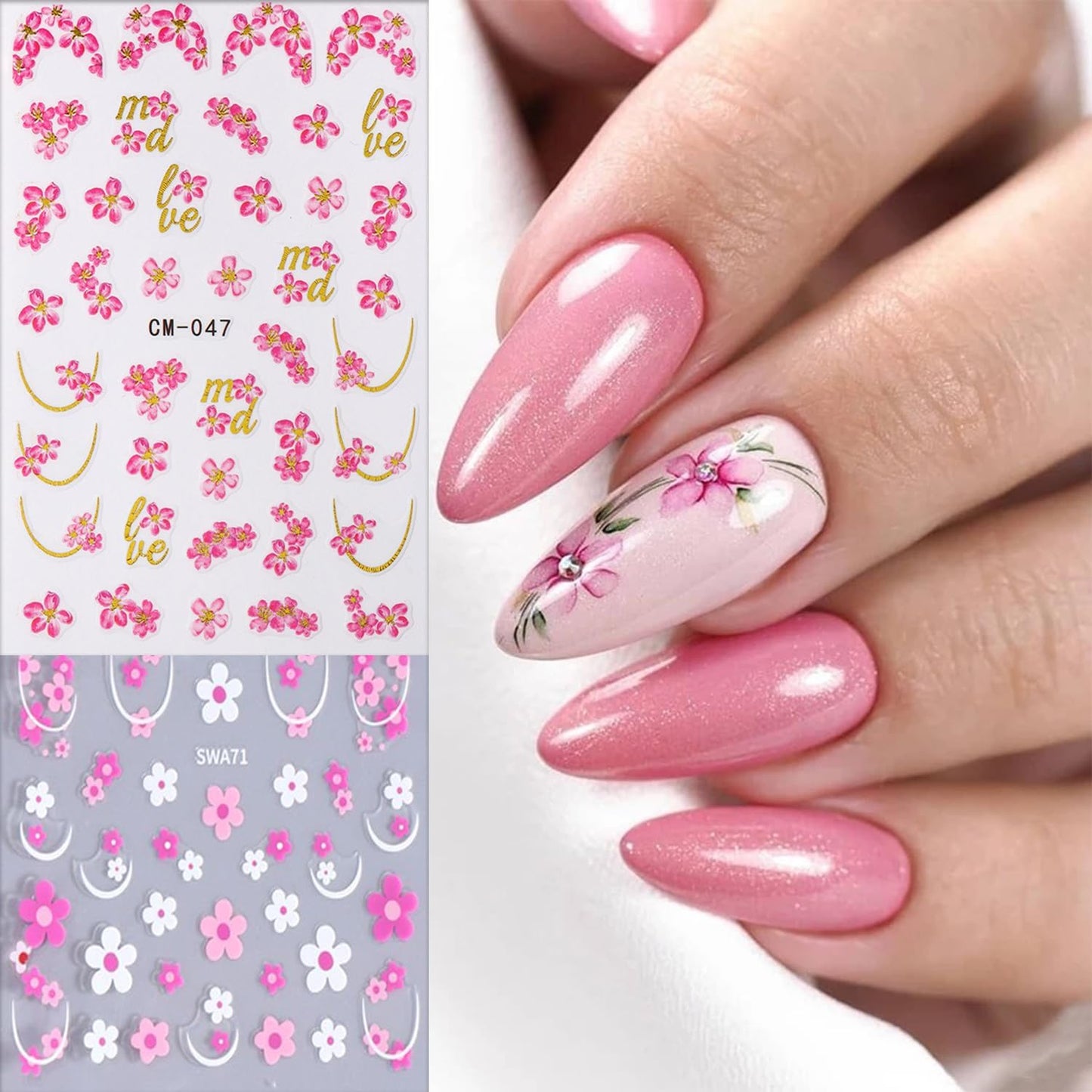 8 Sheets Flower Nail Art Sticker 3D Self-Adhesive Nails Stickers Floral Butterfly Nail Art Decals Holographic Blossom Decal for Women Hot Stamping French Manicure Stickers DIY Nail Supplies