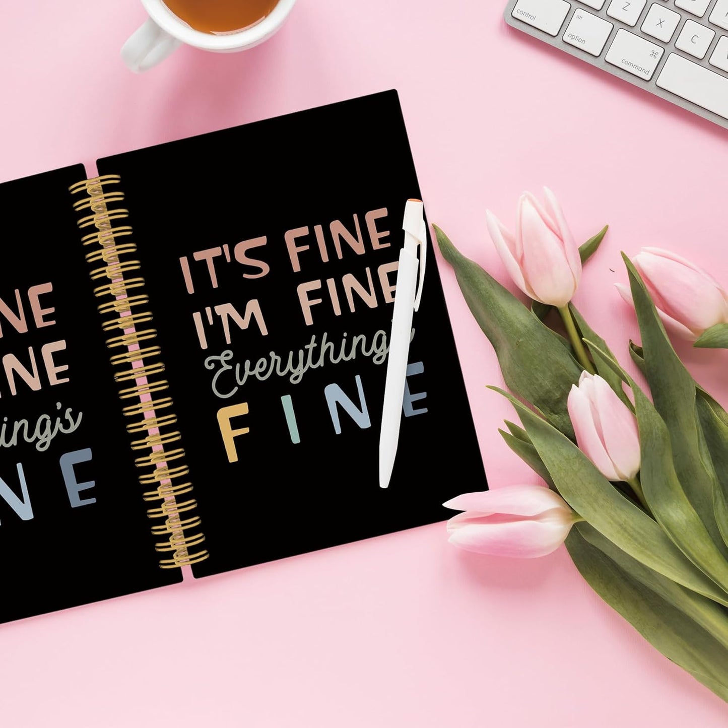 XPH Funny Black Spiral Notebook, It's Fine I'm Everything Is Fine Journaling Notebooks for Women Men, Humorous Hardcover Journals for Office 160 Pages 5.5 x 8.3 Inch, Sarcastic Gifts for Coworkers
