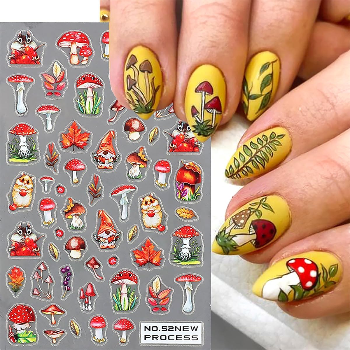 6 Sheets Fall Nail Art Stickers 3D Maple Leaf Nail Decals Autumn Gold Yellow Leaves Mushroom Squirrel Self-Adhesive Nail Designs Thanksgiving Nail Stickers for Women Girls Acrylic Manicure DIY Decor