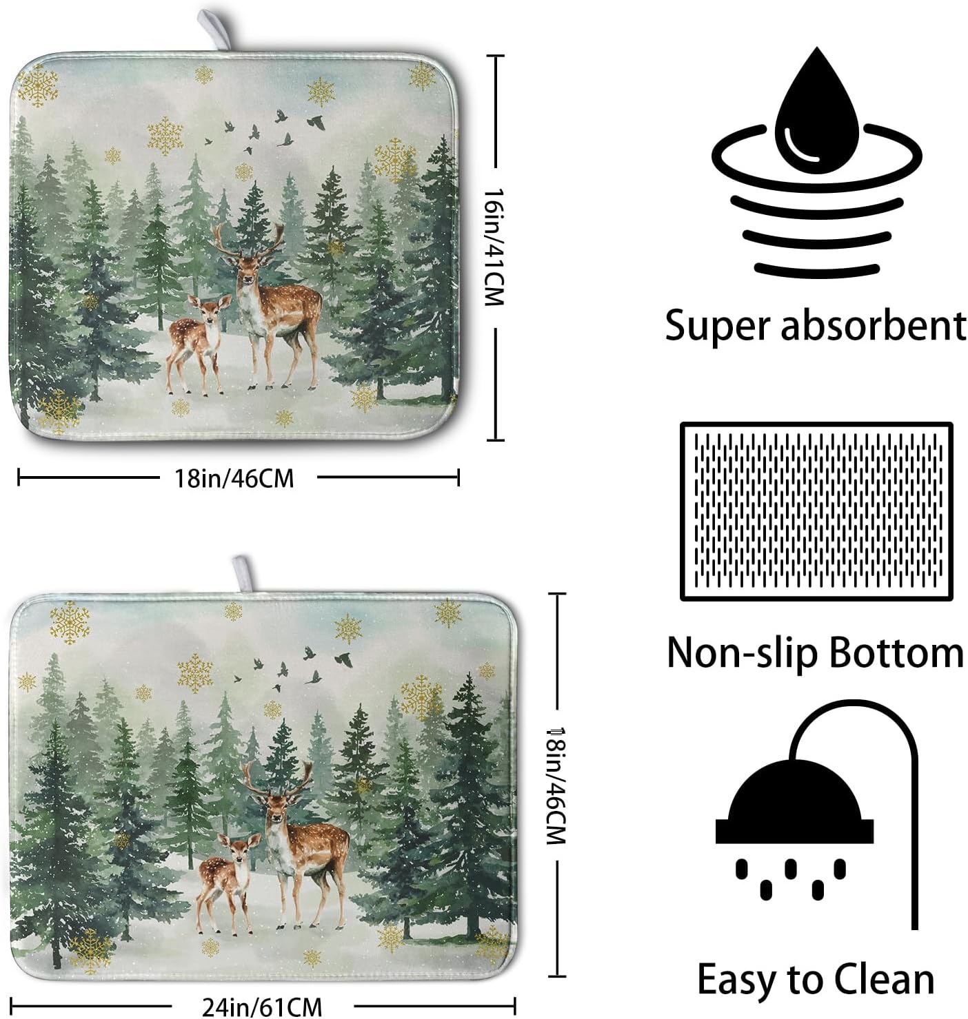 Reindeer Tree Snowflakes Christmas Dish Drying Mats for Kitchen Counter 16x18 Inch Winter Forest Dish Drainer Mats Absorbent Reversible Dish Draining Microfiber Dishes Drying Pad