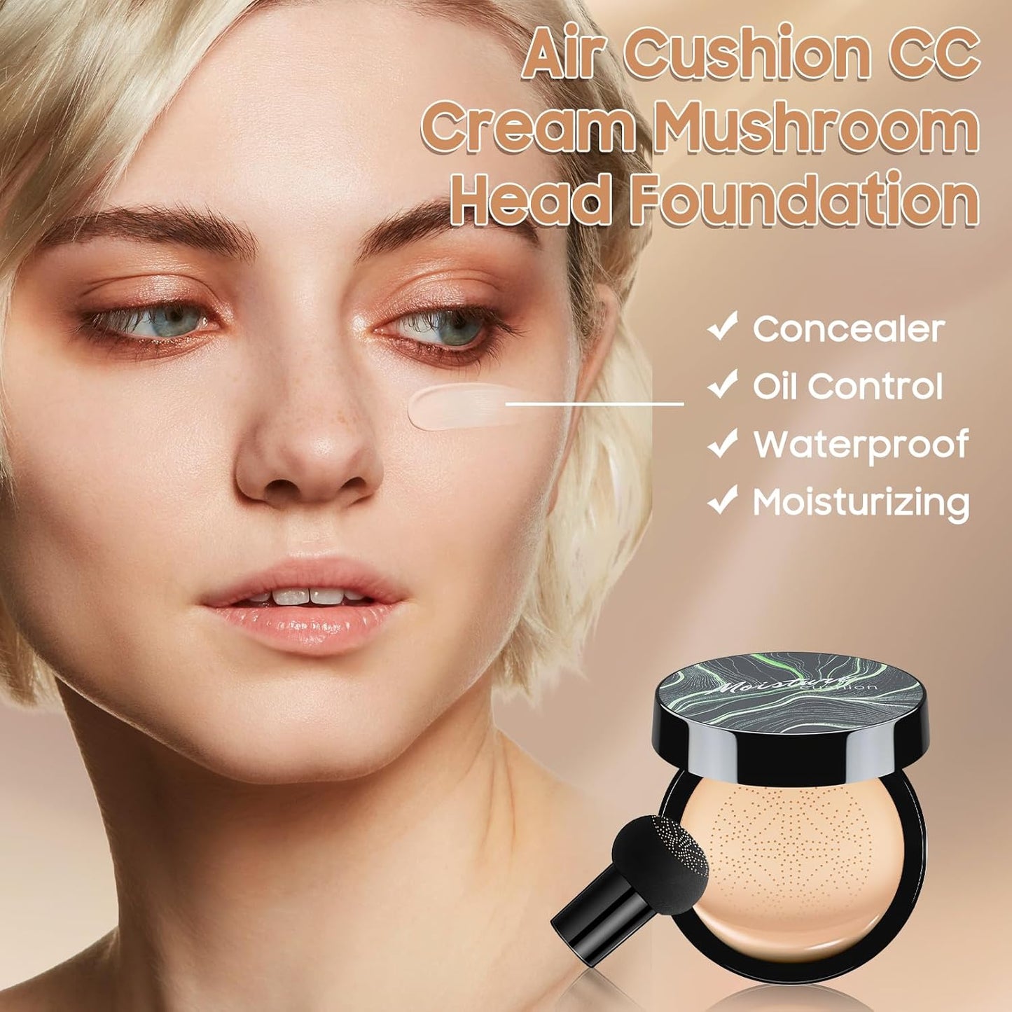 Mushroom Head Air Cushion CC Cream - Moisturizing BB Creams Foundation, Long-Lasting Waterproof New Air Cushion CC Cream Concealer for Even Skin Tone (Ivory, 1 PCS)