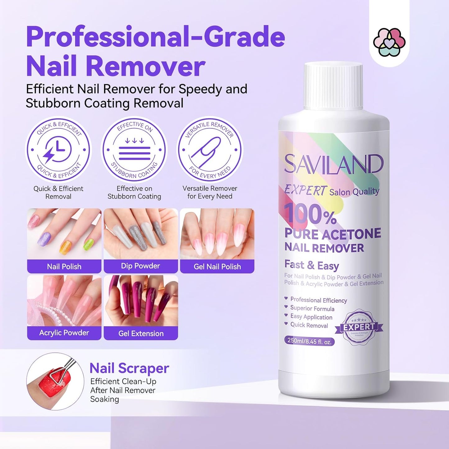 SAVILAND 100% Acetone Nail Polish Remover Kit: Ultra-Powerful Gel Remover with Cuticle Oil Rich in Castor Oil & VE for Repairing Nail, Nail File Buffer Tools for Dip Acrylic Remove Home Salon 8.45 Oz