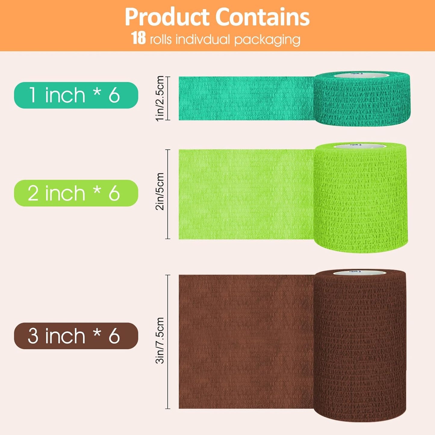 1"/2"/3" Self Adhesive Bandage Wraps, 18 Pack Colorful Self Adherent Cohesive Bandages Wrap for Wounds, Vet Wrap, Ankle Tape, Tattoo Tape Wrap, Medical Tape, Color Athletic Tape