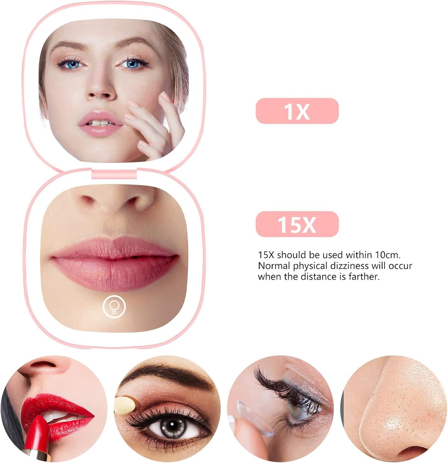 Travel Magnifying Mirror with Light,Dual-Sided Compact Mirror for Purse with 15X Magnification, 3 Lighting Modes, Auto Shut-Off, Portable Pocket Makeup Mirror, Essential Travel Mirror