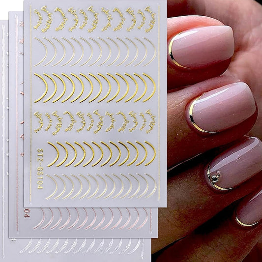 3 Pieces French Tip Line Nail Art Stickers 3D Simple Lines Nail Stickers Rose Gold Metal Stripes Letter Adhesive Decals Curved Gel Nail Art Polish Sliders Manicure Foils Decor Accessories Craft