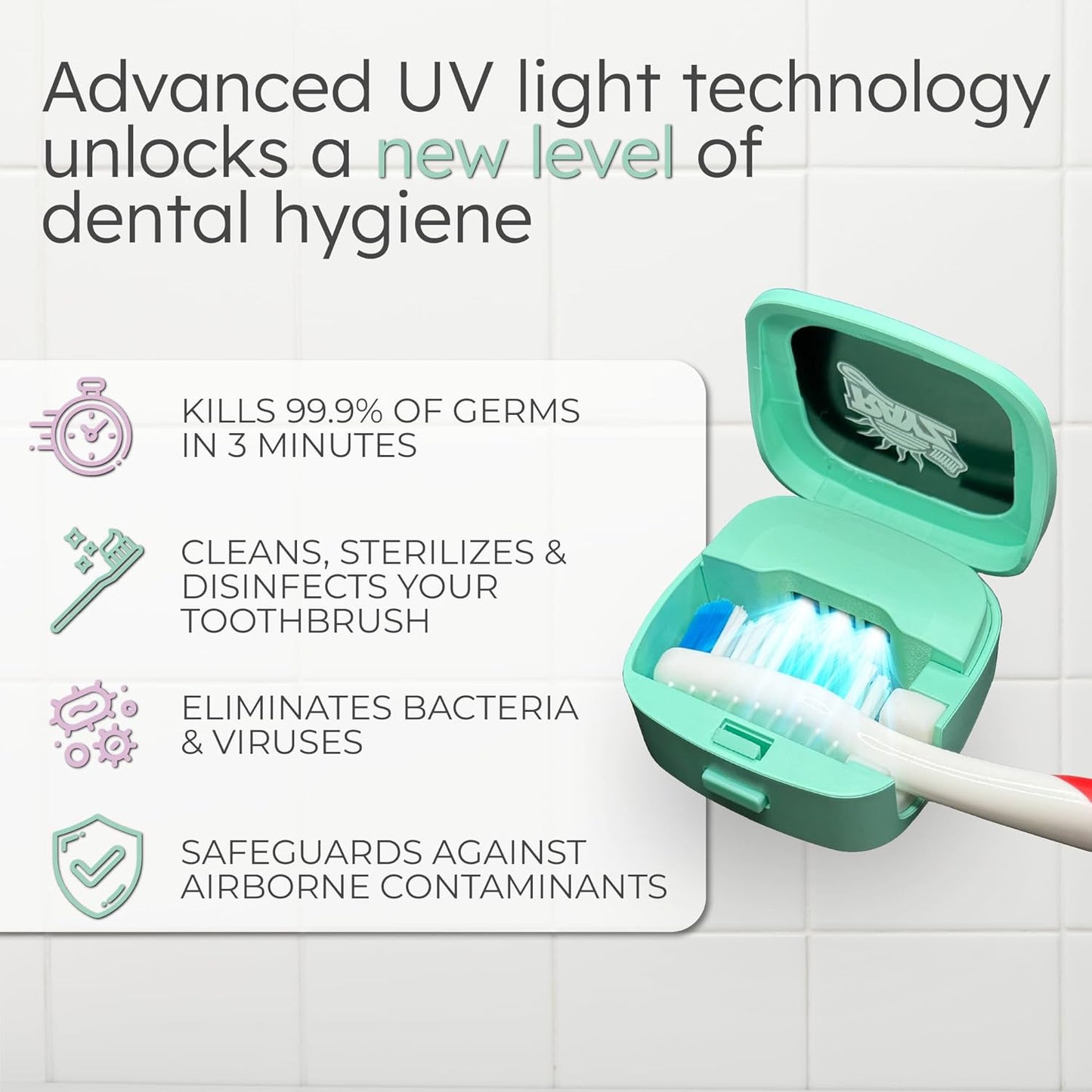 Rayz UV-C Toothbrush Sanitizer | Portable & Rechargeable | 99.9% Sanitization in 3 Minutes | Wall Mountable, Travel-Friendly & TSA-Approved (Mint)