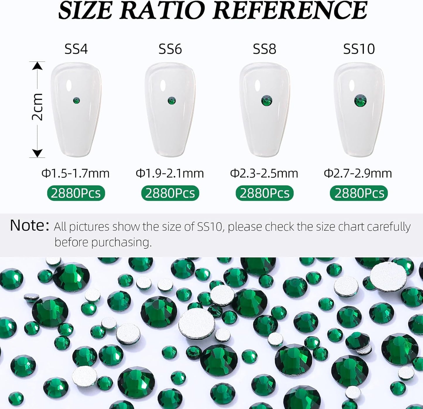 Green Flatback Rhinestones, Glass Rhinestones for Nail Art and Craft, Glue Fix, Loose Crystal Gemstones(Green, SS8, 2880pcs, 2.3-2.5mm)