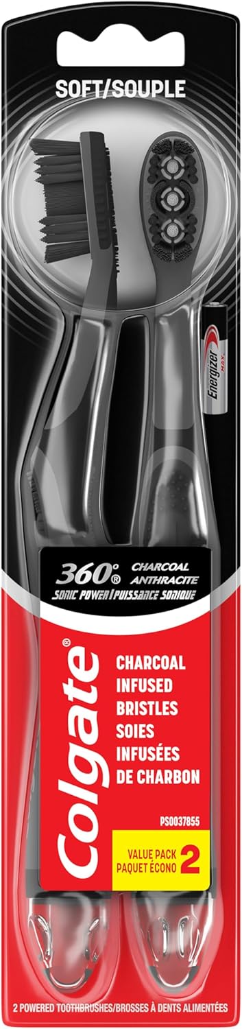 Colgate 360 Vibrate Charcoal Battery Operated Toothbrush Pack, Soft with 1 AAA Battery Included, Black, 2 Count