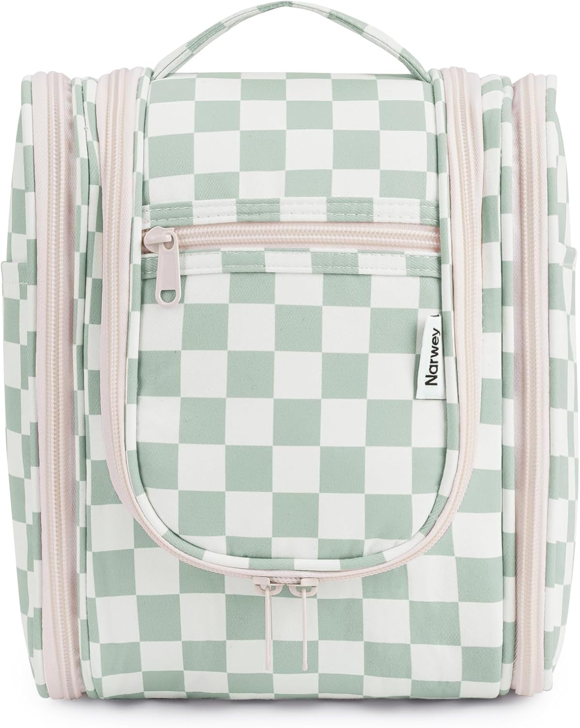 Narwey Small Checkered Hanging Travel Toiletry Bag for Women, Travel Bag for Toiletries, Makeup Bag Organizer Cosmetic Bags Make Up Bags for Women (Mint Green Checkerboard)