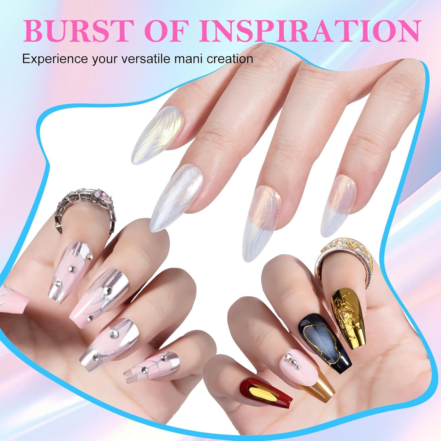 NXJ INFILILA Pearl Chrome Nail Powder Kit, Chrome Pallete for Nails 4 Colors - Gold, Silver, Moonlight White, Iridescent Yellow, Pearl Mermaid Aurora Effect Pigment for Gel Polish, Gift for Women