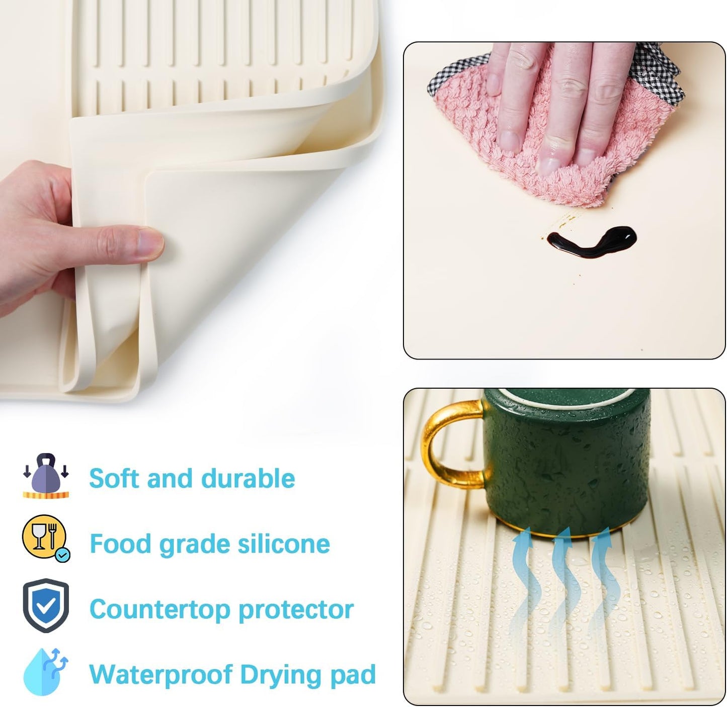 Golener Silicone Coffee Mat Set - 24" x 16" Coffee Bar Mat for Countertop, Kitchen Station Pad Accessories Fit Under Cafe Maker Espresso Machine, Dish Drying Mat, Heat Resistant Kitchen Pad, Beige