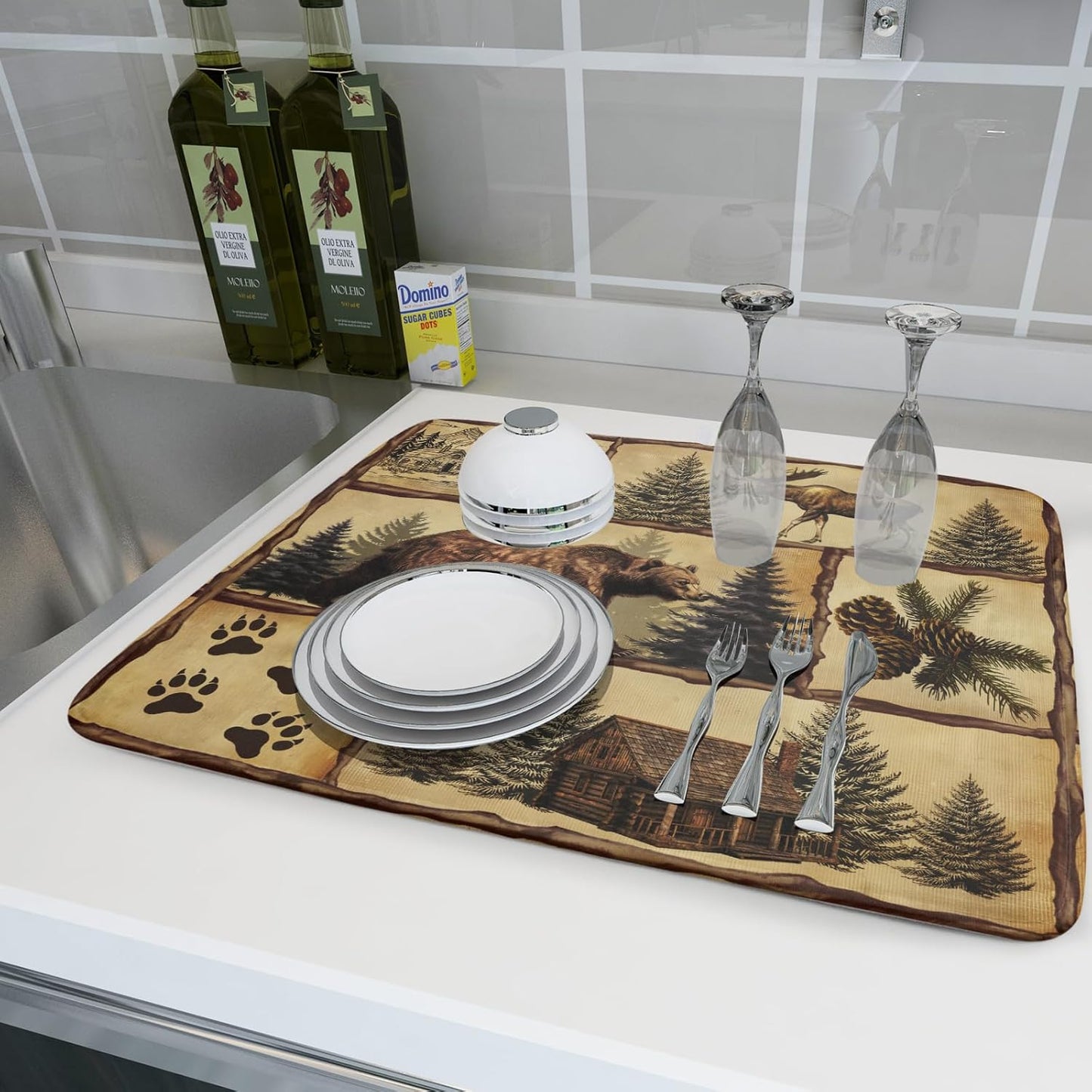 Vintage Bear Moose Dish Drying Mat 18x24 Inch Country Cabin Absorbent Dish Draining Mat Heat Resistant Drying Pad for Counter Sink Home