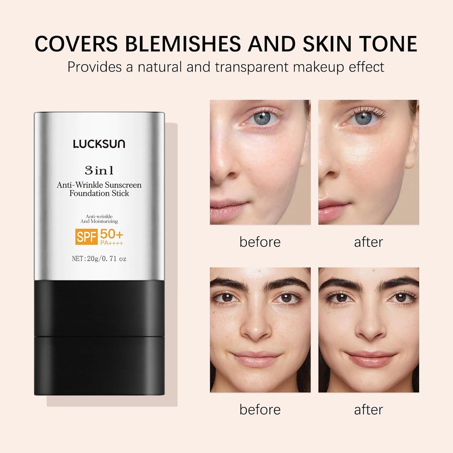 3 in 1 Anti-wrinkle Hydrating Lightweight Foundation Stick Concealer & Makeup, Multi-Use Long-Lasting Formula for All Skin Types (Light, 20g/0.71oz)