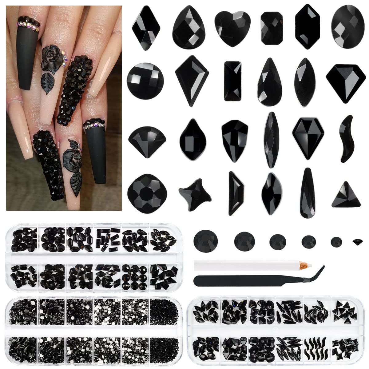 3 Boxes Jet Black Nail Rhinestones 240 Multi-Shapes Stones for Nails Big Gems K9 Glass Flatback Round Beads Diamonds Jewels Nail Art Charms for Face Eyes Makeup Crafts Tumblers Bottles Clothes