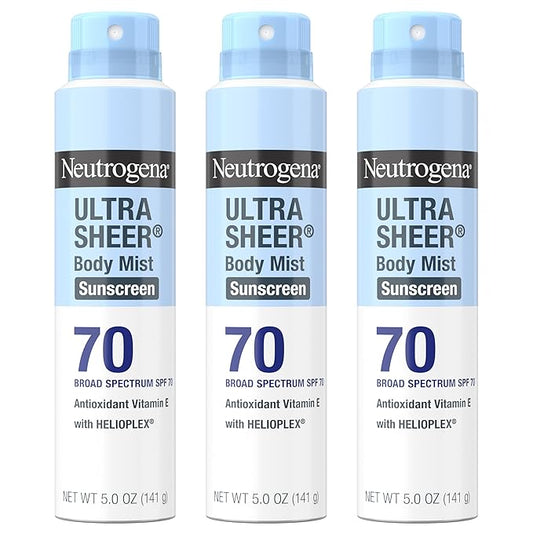 Neutrogena Ultra Sheer Body Mist Sunscreen Spray, Broad Spectrum SPF 70, Lightweight Spray Sunscreen, Non-Greasy & Water Resistant, Oil-Free & Non-Comedogenic UVA/UVB, 5 oz, Pack of 3