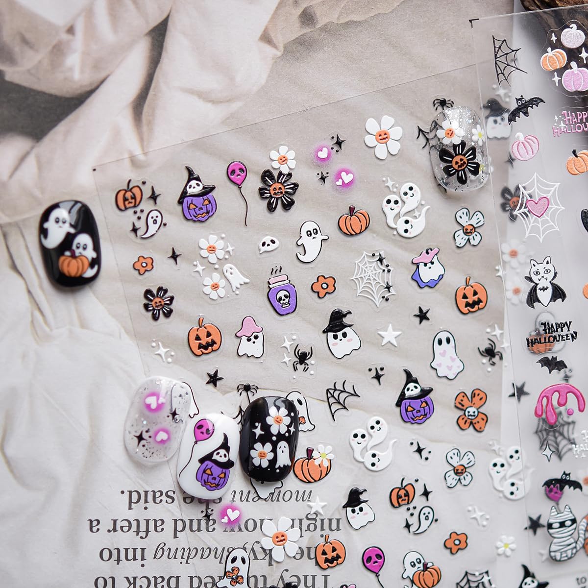 5D Embossed Halloween Nail Stickers Cute Pink Pumpkin Self-Adhesive Nail Art Pegatinas Uñas with Ghost Skull Cat Bat Designs Nails Decals Halloween DIY Manicure for Women Nails Art Decoration 1Sheet