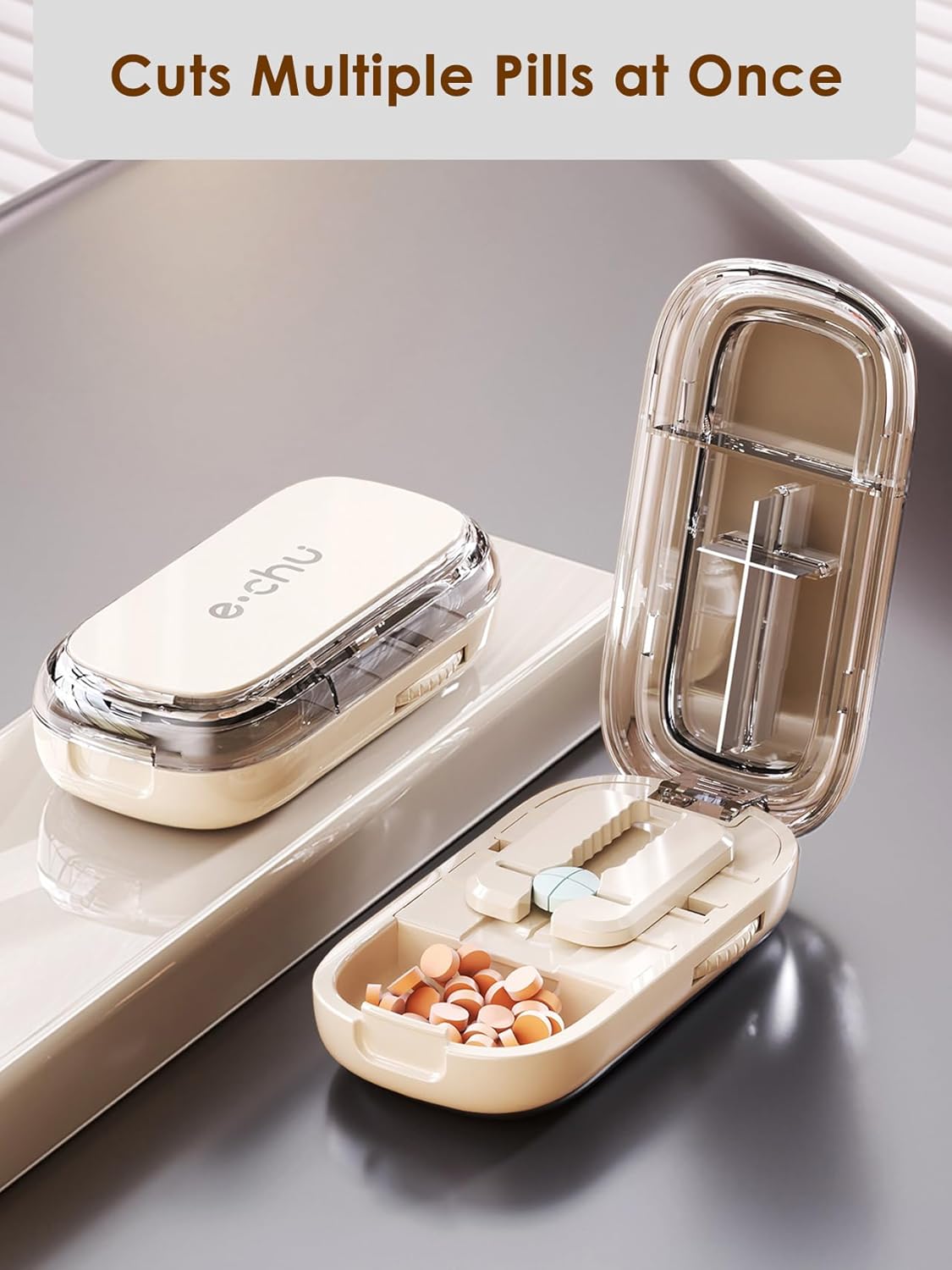 Pill Cutter Splitter for Small and Tiny Pills - Adjustable Pill Splitter with Centering Device for Cutting Multiple Pills, Accurate Alignment and Easy to Use (Beige)