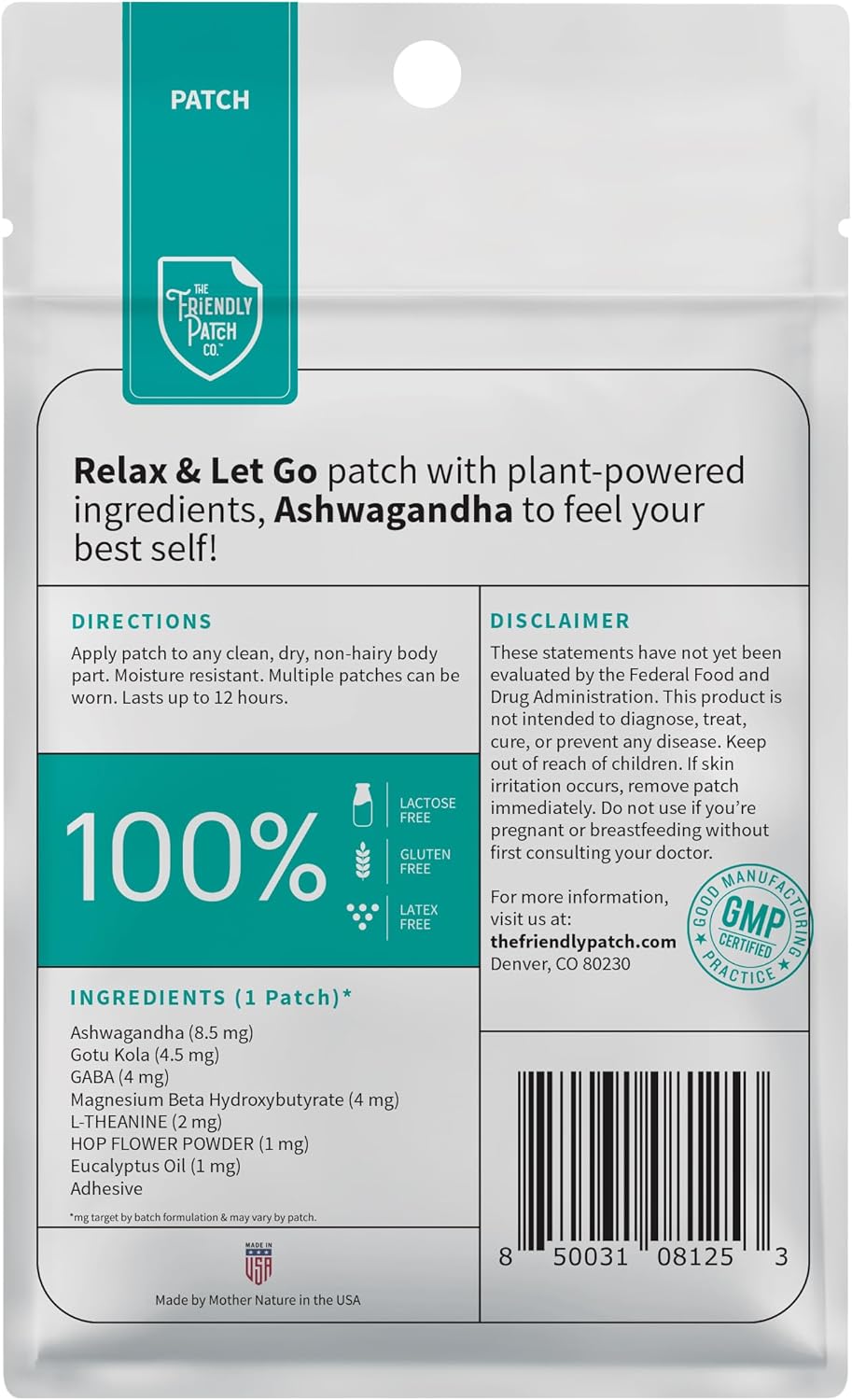 The Friendly Patch - Relax & Let Go with Ashwagandha, Gaba & Gotu Kola - Formerly known as Zen Patches 8 pack