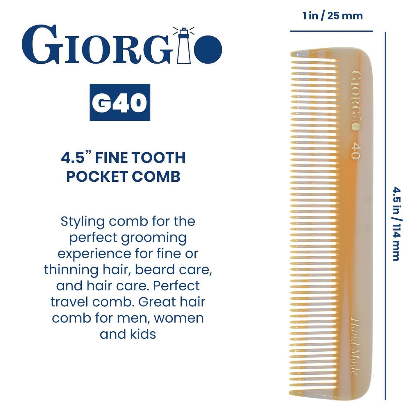 Giorgio G40 Handmade All Fine Tooth Pocket Comb, Hair Comb Straightener for Everyday Grooming Styling Hair, Mustache and Beard for Men Women and Kids, Saw Cut and Polished