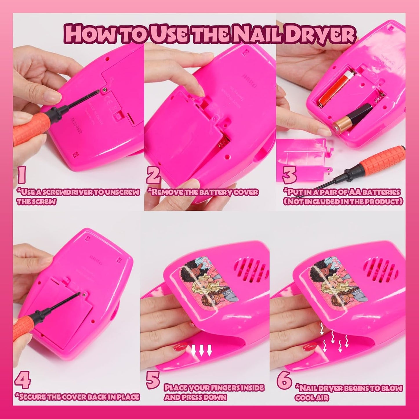 Townley Girl Barbie 8 Piece Nail Polish Set with Nail Dryer for Kids, Peel-Off Water-Based, Safe for Kids, Batteries Not Included, Ages 3 and Up