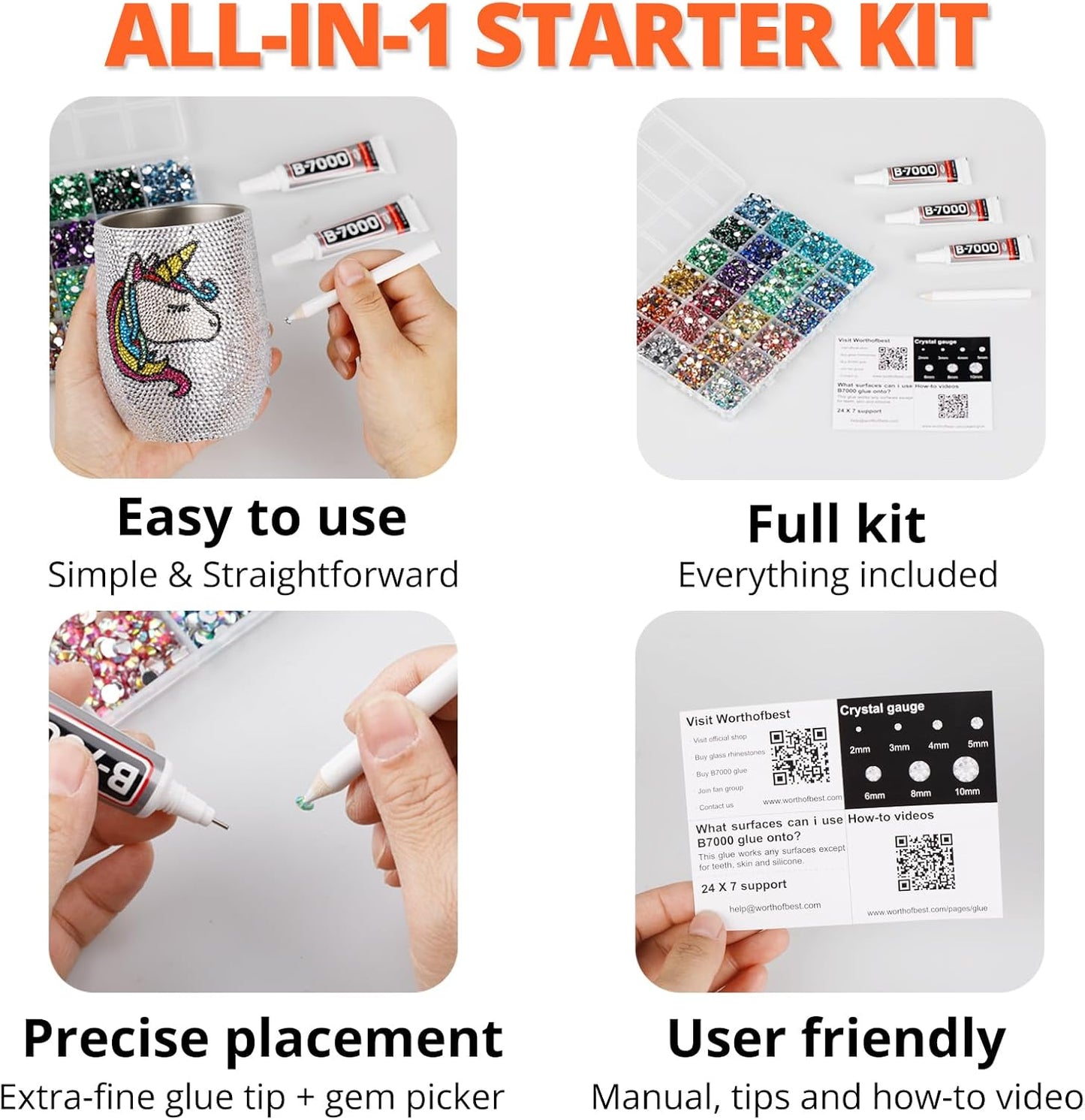 30000Pcs Resin Jelly Rhinestones Set for Crafting Bedazzling, Neon Orange AB Flatback Gems Jewels for Crafts Clothes Shoes Fabric Outfit Nails Makeup, Flat Back Crystal 2-6mm with b 7000 Glue