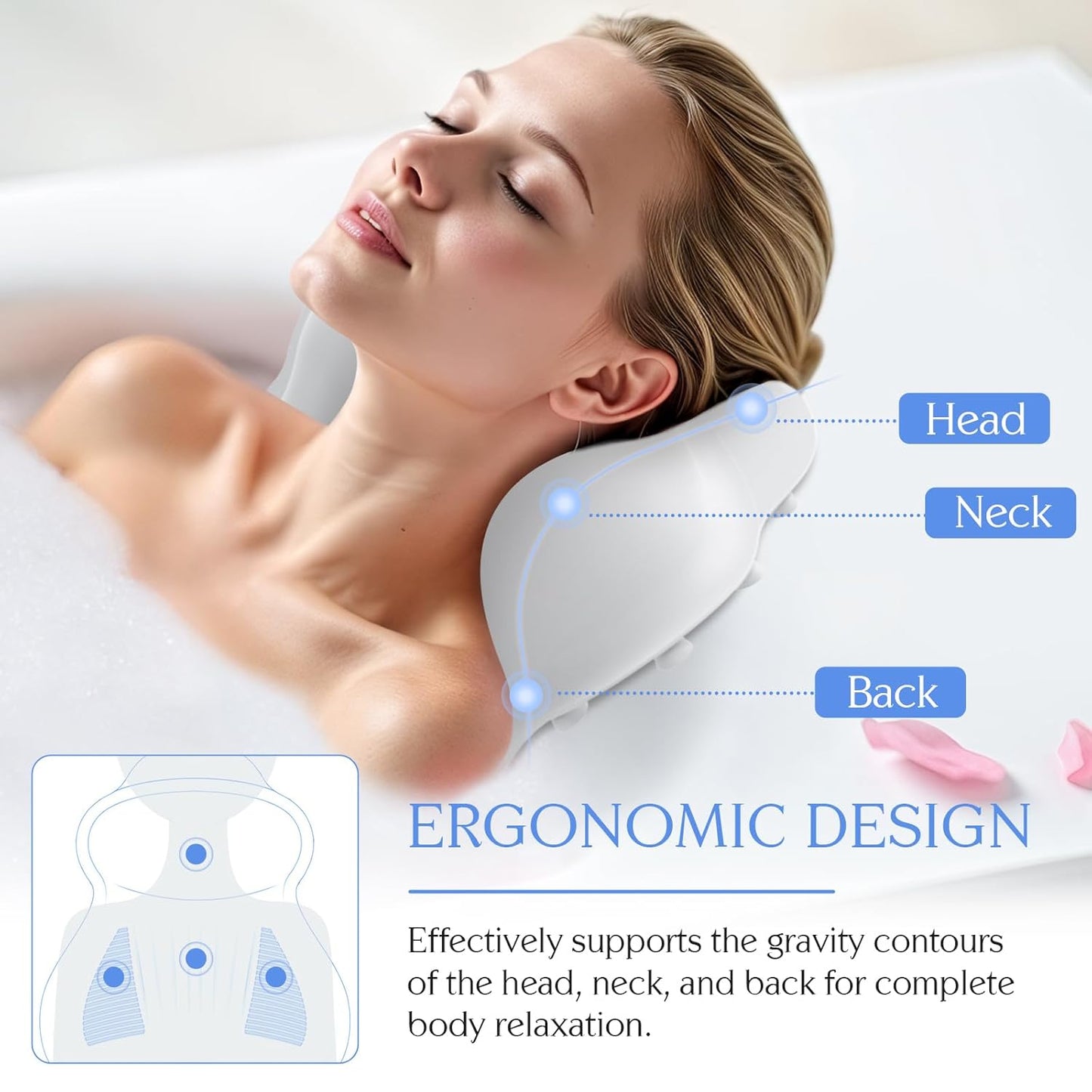 Silicone Bath Pillow, New Material Bath Pillows for Tub Head Neck and Back Support, Bath Tub Pillow with 4D Press Inflatable Airbag and Non-Slip Strong Suction Cups, Quick-Drying, Easy to Store, White