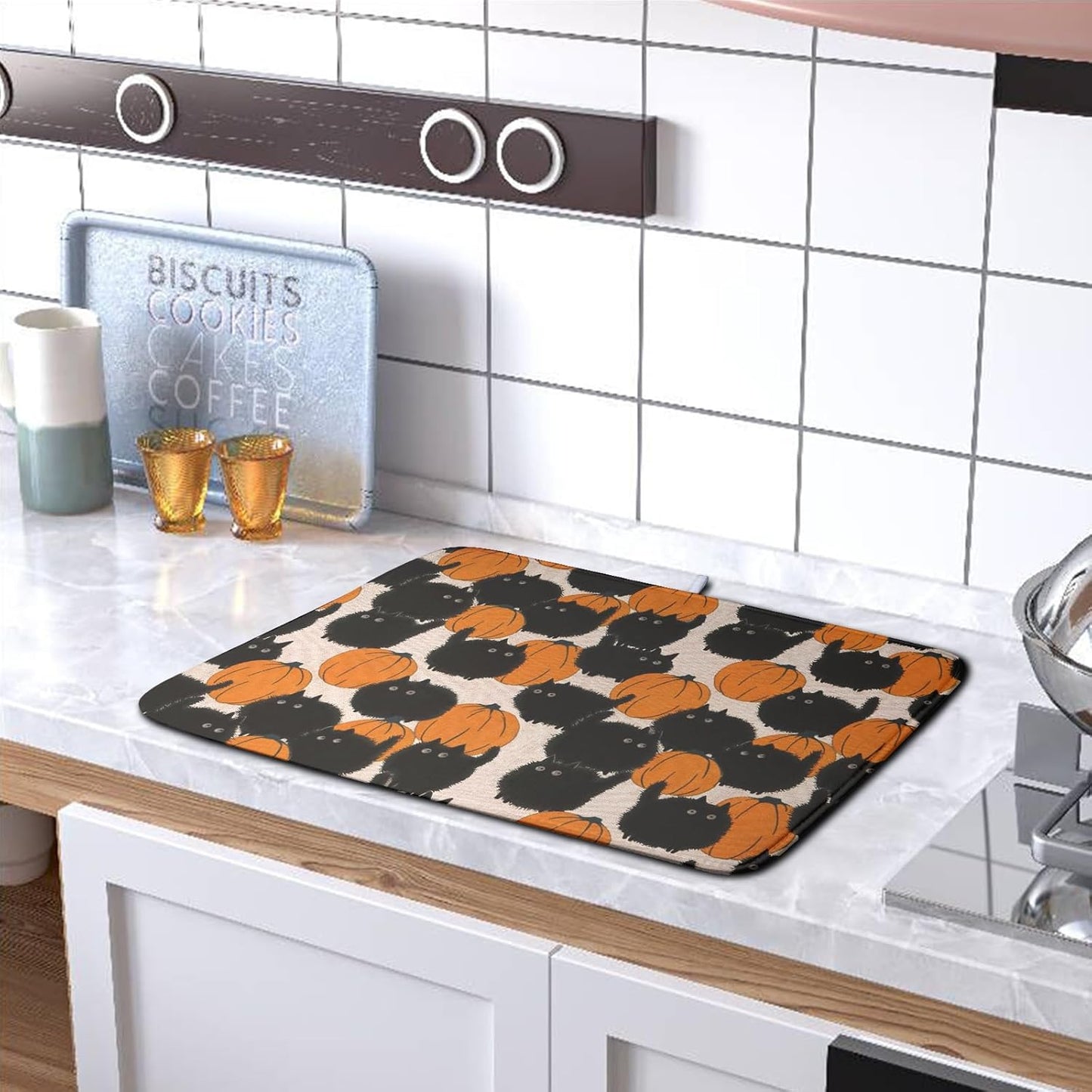 Happy Halloween Dish Drying Mat for Kitchen Counter 16x18 Inch Cute Pumpkin Black Cat Trick or Treat Drying Mats Large Microfiber Absorbent Dish Rack Pad for Coffee Bar Sinks Home Accessories