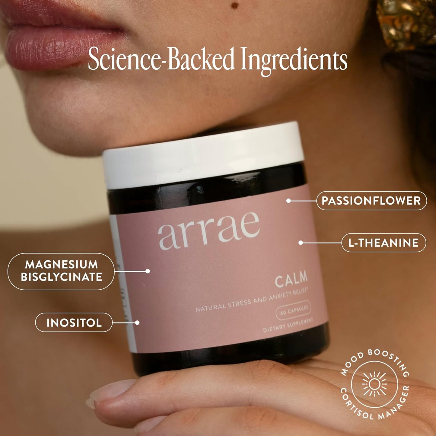 Arrae Calm Cortisol Manager - 60 Stress & Panic Relief Capsules - Mood Support Supplement w/L-Theanine, Inositol, Passionflower, & Magnesium to Help You Feel Zen