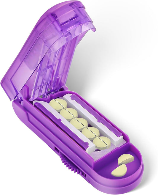 Pill Cutter Splitter for Small and Tiny Pills, Pill Cutter for Small or Large Pills, Pill Splitter for Multiple Pills at a Time with Centering Device and Stainless Steel Blade (Purple)