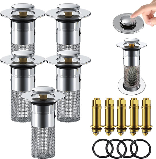 Sink Plug Hair Trap, Off-Bathroom Sink Stopper Hair Catcher, 2026 New Universal Pop up Sink Drain Filter, Stainless Steel Floor Drain Filter Bathroom Sink with Basket, Easy to Install (5Pack)