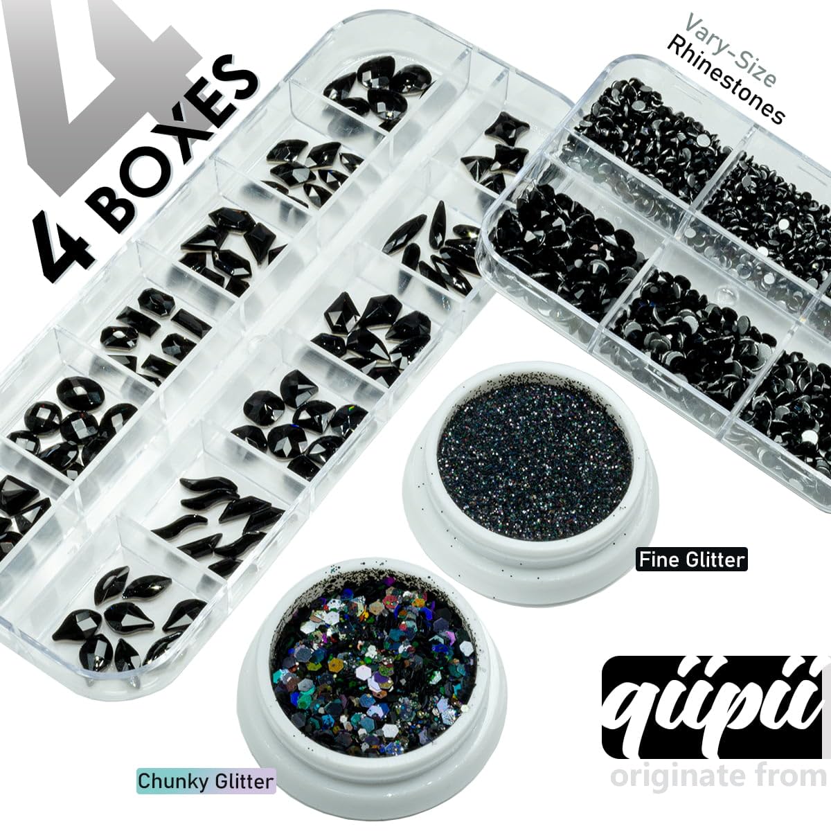 4 Boxes Jet Black Nail Rhinestones and Glitters 24 Shapes K9 Glass Flatback Gems Round Stones Diamonds Crystals Nail Art Charms for Acrylic Nails Faces Eyes Makeup DIY Crafts Tumblers Clothes Shoes