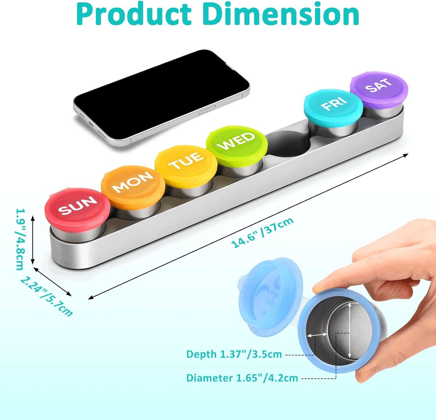 Weekly Metal Pill Case 7 Day, Stainless Steel Pill Box Organizer for Travel, Waterproof Medicine Container, Portable Daliy Pill Holder for Vitamins Fish Oils (Large)