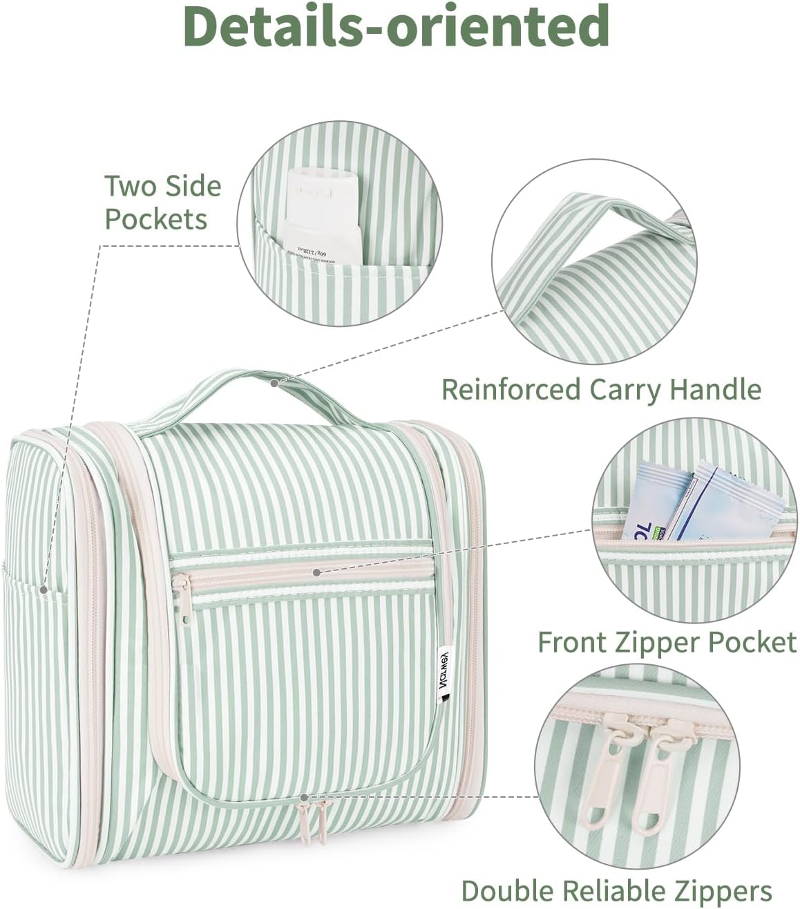 Narwey Striped Hanging Travel Toiletry Bag for Women, Travel Bag for Toiletries, Makeup Bag Organizer Cosmetic Bags Make Up Bags for Women (Mint Green Stripe)