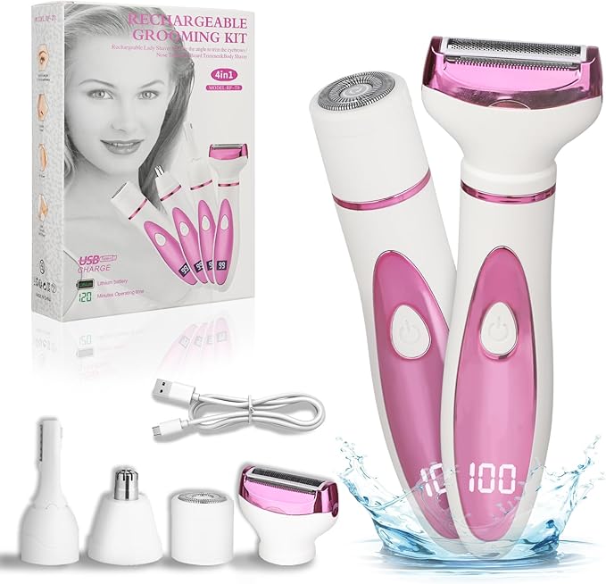 Wet & Dry Electric Razor for Women Men,4 in 1 Rechargeable Led Display Electric Shaver and Facial Hair Remover,Painless Ladies Body Razors for Nose Face Body Leg Bikini Arm Hair (Purple)