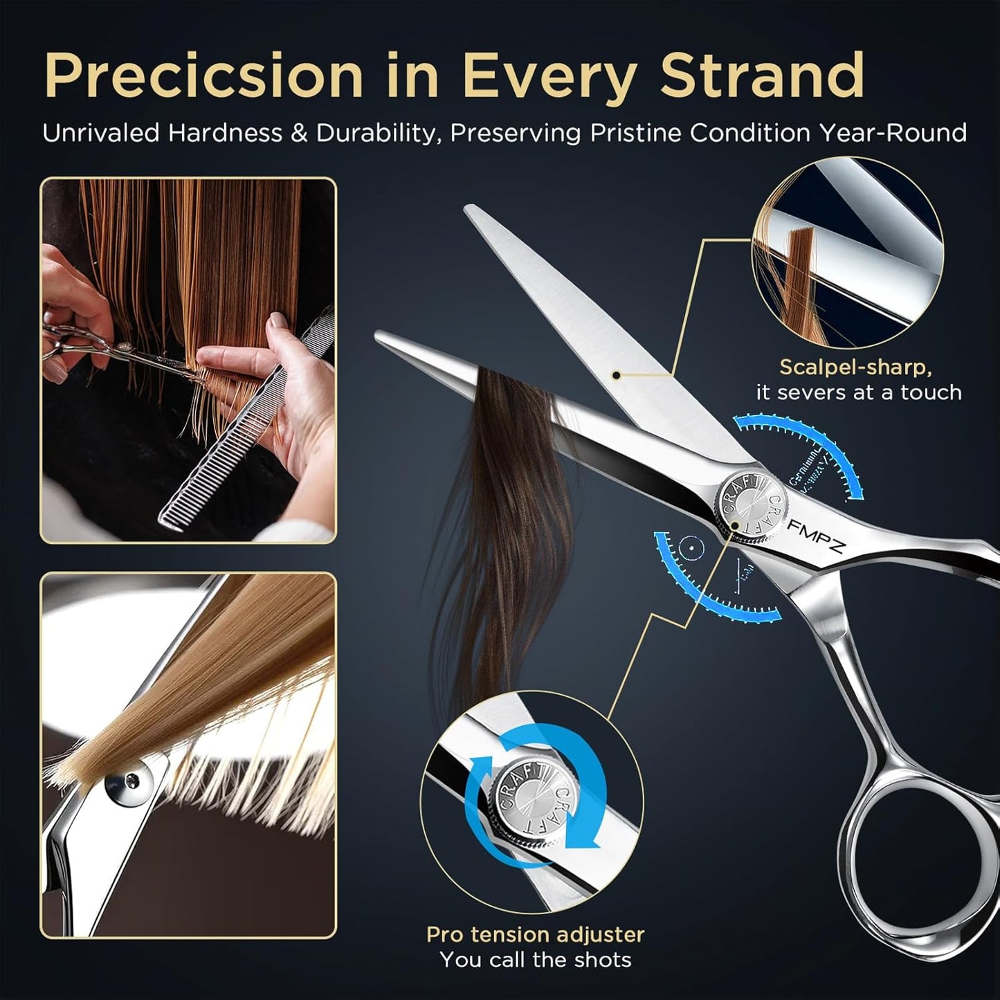 6" Hair Cutting Scissors Professional Barber Scissors, Hair Cutting Shears with 440C Steel - 60HRC Hardness Extremely Sharp with Ergonomic for Salon & Home Use (6'' Professional Hair Shears)