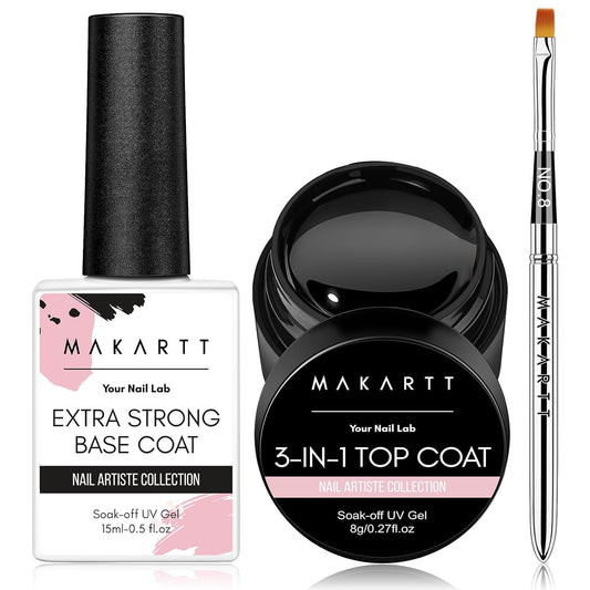 Makartt Gel Top and Base Coat Set: 2-Piece Gel Polish Kit with Nail Art Brush, 15ml Strong Base Gel and 8ml Glossy Hard Top Coat, Long-Lasting Formula for Salon Use, Requires UV/LED Lamp