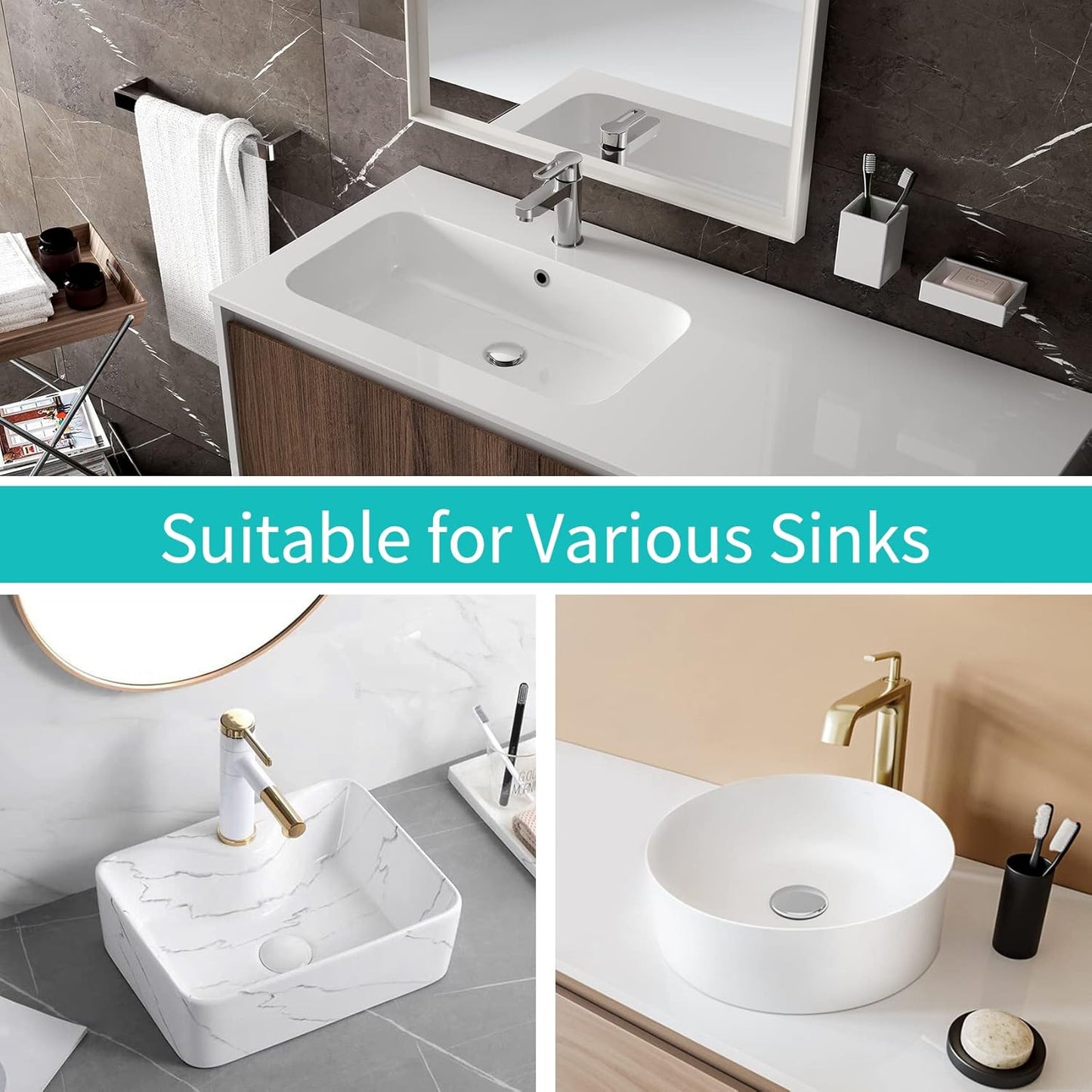 Sink Stopper, Bathroom Sink Drain Strainer with Hair Catcher, for 1.04’’~1.97’’ Drain Hole, Brass Universal Drain Cover, Pop Up Basin Plug