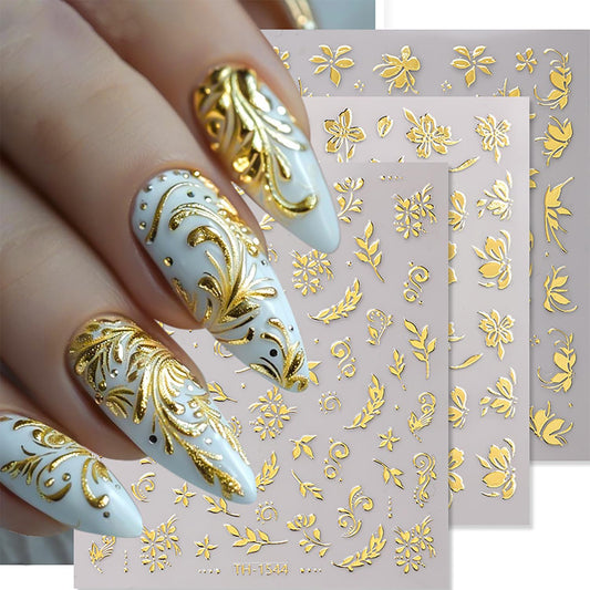 6 Sheets Gold Nail Art Stickers 3D Self -Adhesive Golden Flowers Leaves Nail Decals Holographic Hot Stamping Floral Nail Stickers Summer Blossom Nail Decoration for Women DIY Manicure Supplies
