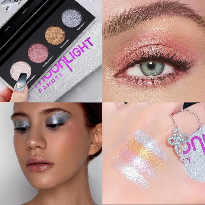 Shiny Shimmer Highlight Eye shadow Palette 4 Colors, Cosmetics Shimmer Eyeshadow Palette, Cruelty-Free and Vegan Formula, Glitter Shimmer Eyeshadow for Professional Makeup Kit (B#), Sparkly02